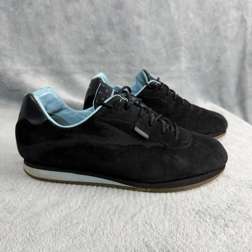 Chanel Womens 37.5 Black Blue Suede Leather Sneakers Low Top Logo A23285 Y2K